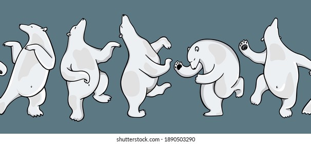 Vector horizontal seamless pattern with hand drawn happy blissful dancing polar bears. Beautiful ink drawing, animal design elements. Perfect for prints and patterns