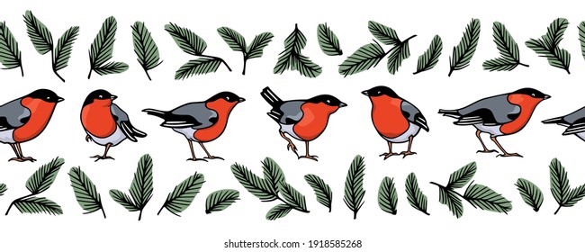 Vector horizontal seamless pattern with hand drawn sweet bullfinches with pine twigs borders made with ink. Beautiful animal design elements, perfect for prints and patterns