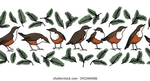 Vector horizontal seamless pattern with hand drawn sweet birds in pine twigs borders made with ink. Beautiful animal design elements, perfect for prints and patterns