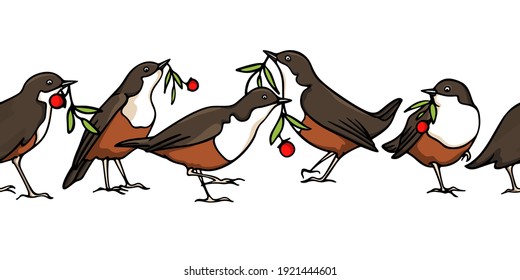 Vector horizontal seamless pattern with hand drawn sweet birds with red berries twigs made with ink. Beautiful animal design elements, perfect for prints and patterns