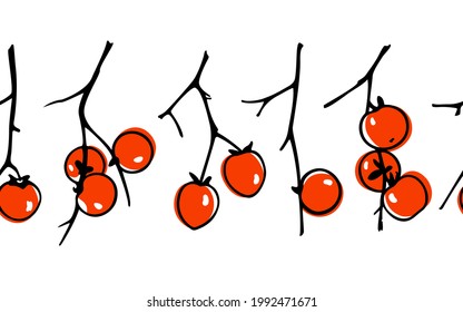 Vector horizontal seamless pattern with hand drawn graceful persimmon branches with ripe orange fruit. Beautiful ink drawing, graphic style. Perfect for prints and patterns.