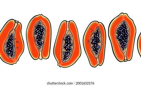 Vector horizontal seamless pattern with hand drawn open ripe papaya with black seeds. Beautiful healthy food design elements, ink drawing. Perfect for prints and patterns