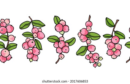 Vector horizontal seamless pattern with hand drawn graceful Pink Snowberry branches with ripe fruit. Beautiful ink drawing, graphic style. Botanical design elements. Perfect for prints and patterns