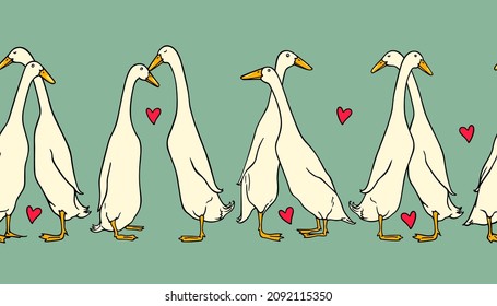 Vector horizontal seamless pattern with hand drawn cute white Indian Runner ducks in love. Ink drawing, beautiful Valentine's day design elements. Perfect for prints and patterns svg