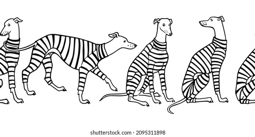 Vector horizontal seamless pattern with hand drawn cute whippets in stripe sweet pyjamas. Beautiful design elements, ink drawing, funny illustration. Perfect for prints and patterns