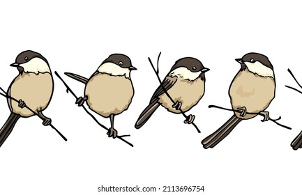 Vector horizontal seamless pattern with hand drawn Willow Tits sitting on tree branches. Ink drawing, beautiful animal design elements. Perfect for prints and patterns