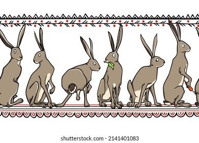 Vector horizontal seamless pattern with hand drawn cute hares in folk borders . Ink drawing, graphic style. Beautiful Easter design elements, perfect for prints and patterns