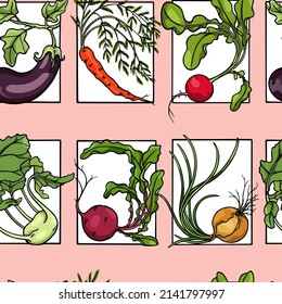 Vector horizontal seamless pattern with hand drawn ripe vegetables with green leaves in frames. Ink drawing, beautiful vegetarian design elements. Perfect for prints and patterns