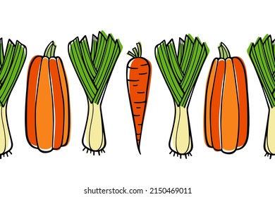 Vector horizontal seamless pattern with hand drawn orange winter squashes, carrots and leeks. Ink drawing, graphic style. Perfect for healthy food or farm markets prints and patterns