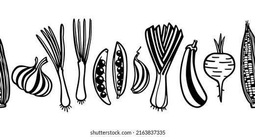 Vector horizontal seamless pattern with hand drawn ripe vegetables made in graphic style. Ink drawing, heavy contour. Perfect for healthy food or farm markets prints and patterns