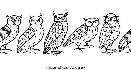 Vector horizontal seamless pattern with hand drawn funny Eagle Owls. Ink drawing, decorative graphic style. Beautiful animal design elements, perfect for prints and patterns