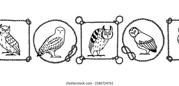Vector horizontal seamless pattern with hand drawn funny owls in nautical rope frames. Ink drawing, decorative graphic style. Beautiful animal design elements, perfect for prints and patterns