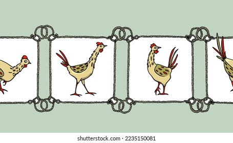 Vector horizontal seamless pattern with hand drawn cute funny chickens in nautical rope frames. Beautiful ink drawing, graphic style. Perfect for food or farming prints and patterns.