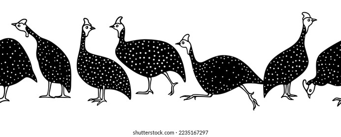 Vector horizontal seamless pattern with hand drawn funny helmeted guinea fowls made in cartoon style. Ink drawing, graphic illustration, heavy contour. Beautiful design elements, perfect for prints