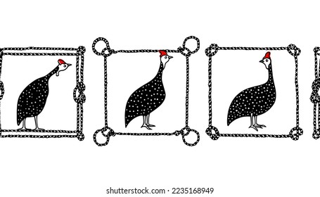 Vector horizontal seamless pattern with hand drawn guinea fowls in nautical rope frames made in cartoon style. Ink drawing, heavy contour. Beautiful design elements. Perfect for prints and patterns