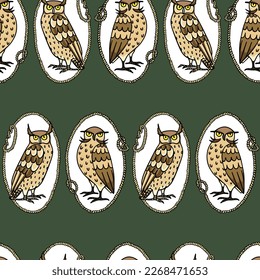 Vector horizontal seamless pattern with hand drawn funny Eagle Owls in nautical rope frames. Ink drawing, decorative graphic style. Beautiful animal design elements, perfect for prints and patterns