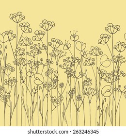 Vector horizontal seamless pattern with hand drawn flowers made in linear style. Delicate and romantic floral design