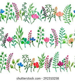 Vector horizontal seamless pattern with hand painted watercolor summer leaves and flowers. Beautiful design elements, perfect for prints and patterns.