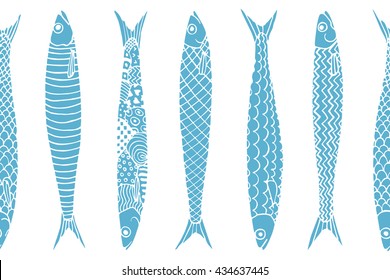 Vector horizontal seamless pattern with hand drawn sardines. Advertising, menu or packaging cool design elements.
