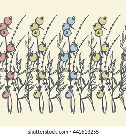 Vector horizontal seamless pattern with hand drawn graceful plants. Beautiful design elements, perfect for prints and patterns.
