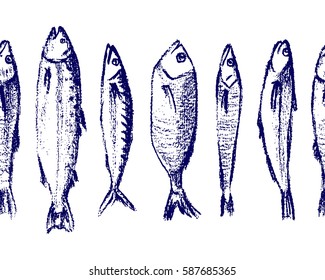 Vector horizontal seamless pattern with hand drawn fish species made with chalk. Grunge drawing, graphic style. Perfect print for any business related to the food industry.