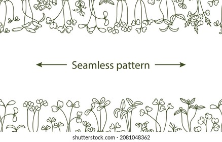 Vector horizontal seamless pattern with microgreens. Healthy young seedlings. Healthy eco-friendly food. Line art background