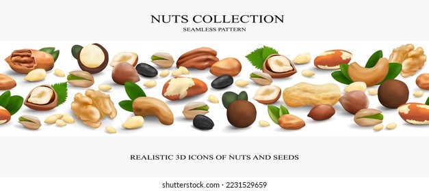 Vector horizontal seamless pattern with nuts and seeds. Realistic 3d icons with shadows. Peanuts, almonds, hazelnuts, cashews, pecans, macadamia nuts, walnuts, pine nuts, pistachios, sunflower seeds