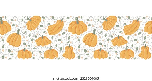 Vector horizontal seamless pattern with ripe pumpkins, twigs, leaves and flowers. Seasonal fall banner design for greeting or promotion. Thanksgiving and harvest concept.