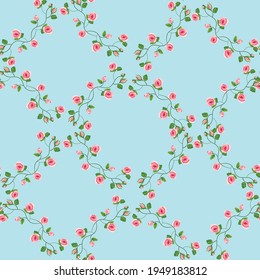 Vector horizontal Seamless pattern with small pink roses and green leaves with buds for printing, Fabrics