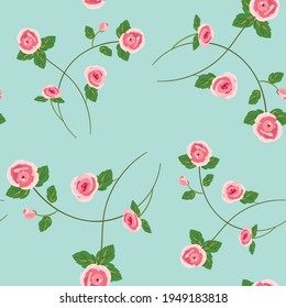 Vector horizontal Seamless pattern with small pink roses and green leaves with buds for printing, Fabrics