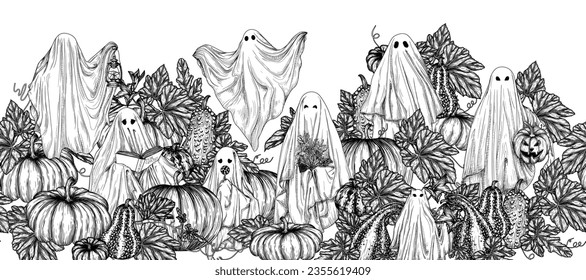 Vector horizontal seamless pattern and various ghosts in pumpkin garden in engraving style  Ghost and book  and lamp  and bouquet  and candy  and Halloween pumpkin  ghost cat