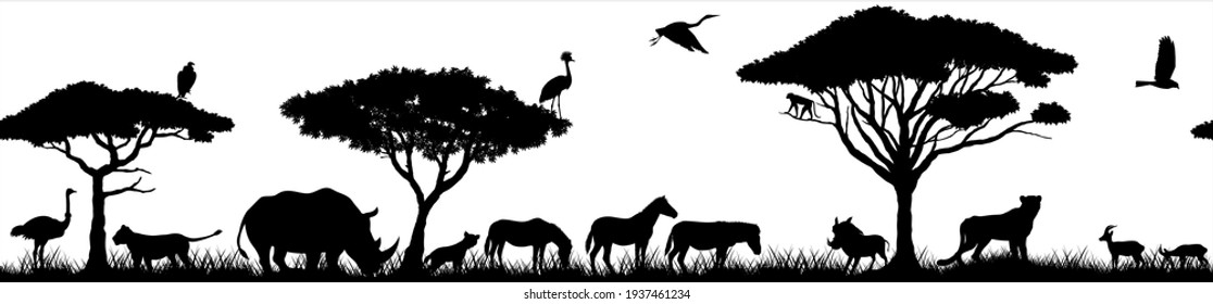 Vector horizontal seamless tropical african savannah with lions, zebra, vulture, heron, hyena, common warthog, rhinoceros, cheetah, gazelle, monkey, ostrich and crowned crane