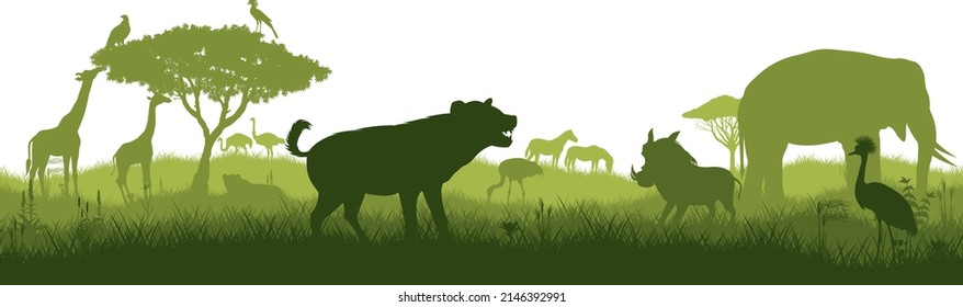 Vector horizontal seamless tropical african savannah with giraffe, hyena, ostrich, zebra, vulture, eagle, secretary bird, lioness, elephant, crowned crane and warthog