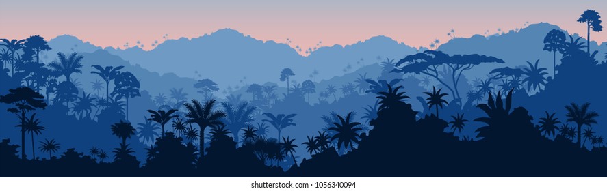 Vector horizontal seamless tropical rainforest Jungle background - Shutterstock ID 1056340094