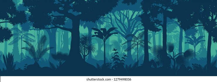 Vector horizontal seamless tropical rainforest Jungle background