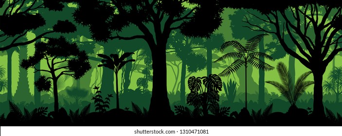 Vector horizontal seamless tropical rainforest Jungle forest background