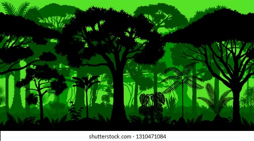 Vector Horizontal Seamless Tropical Rainforest Jungle Forest Background