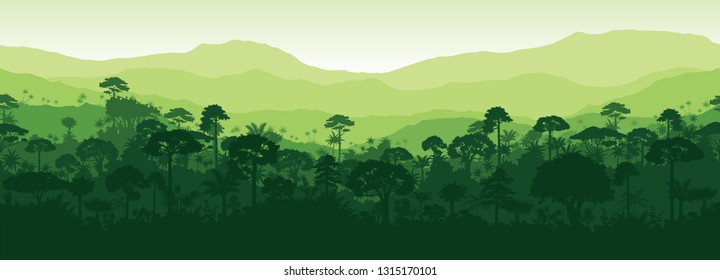 Vector Horizontal Seamless Tropical Rainforest Jungle Forest Background