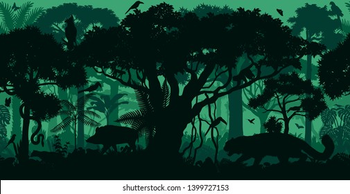 Vector horizontal seamless tropical rainforest Jungle forest background with animals