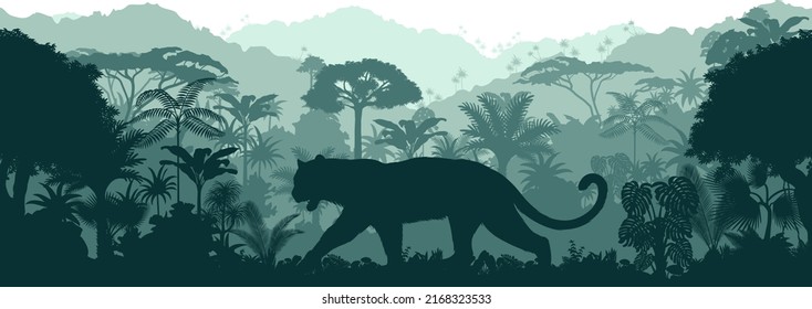 Vector horizontal seamless tropical rainforest Jungle background with jaguar