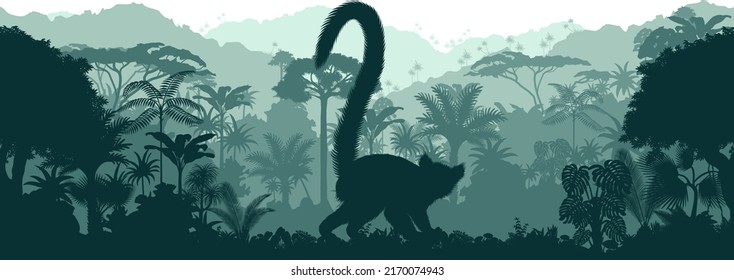 Vector horizontal seamless tropical rainforest Jungle background with lemur