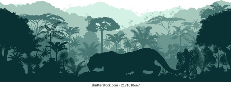 Vector horizontal seamless tropical rainforest Jungle background with tiger