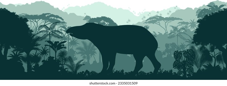 Vector horizontal seamless tropical rainforest Jungle background with tapir