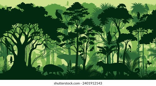 Vector horizontal seamless tropical rainforest Jungle background with animals