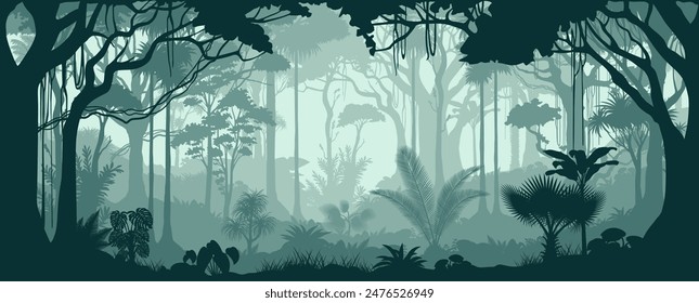 Vector horizontal seamless tropical rainforest Jungle forest background	