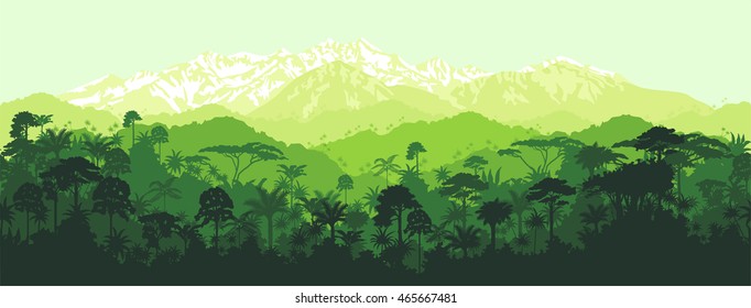 Vector horizontal sem costura floresta tropical Selva com fundo de montanhas