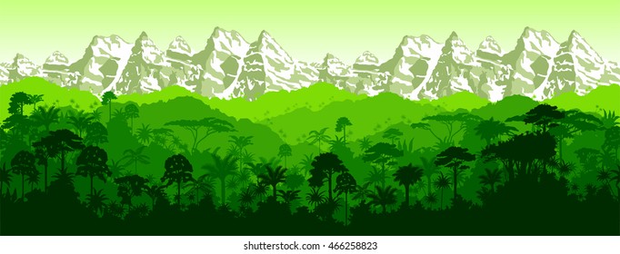 Vector horizontal seamless tropical rainforest Jungle with mountains background