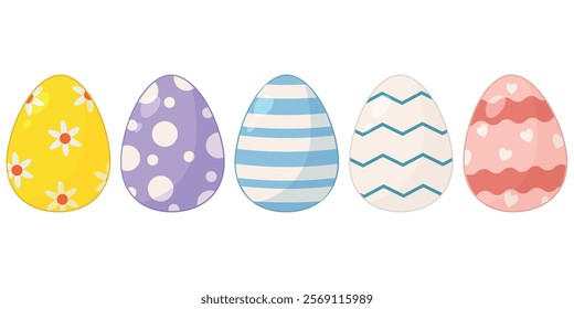 Vector horizontal set of colored Easter eggs with different patterns. Easter seasonal spring holiday template for decoration. Egg hunt game. 