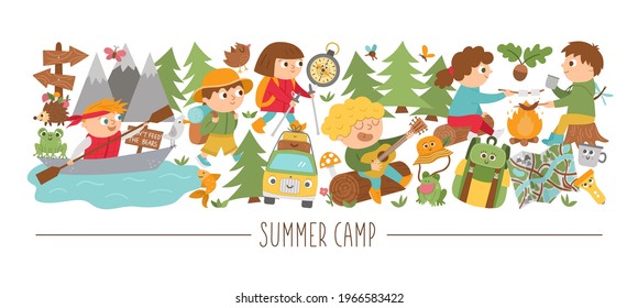 Vector horizontal set with cute comic forest animals and children doing summer camp activities. Card template design with woodland characters and kids on holidays. Funny active trip border.
