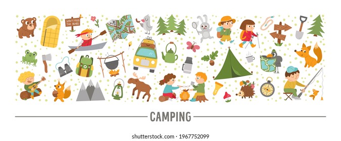 Vector horizontal set with cute comic forest animals, elements and children doing summer camp activities. Card template border design with woodland characters and kids on holidays. 
